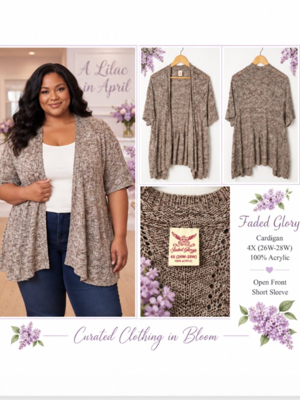 Faded Glory Plus 4X Taupe Open Front Cardigan Knit Sweater Runs Small